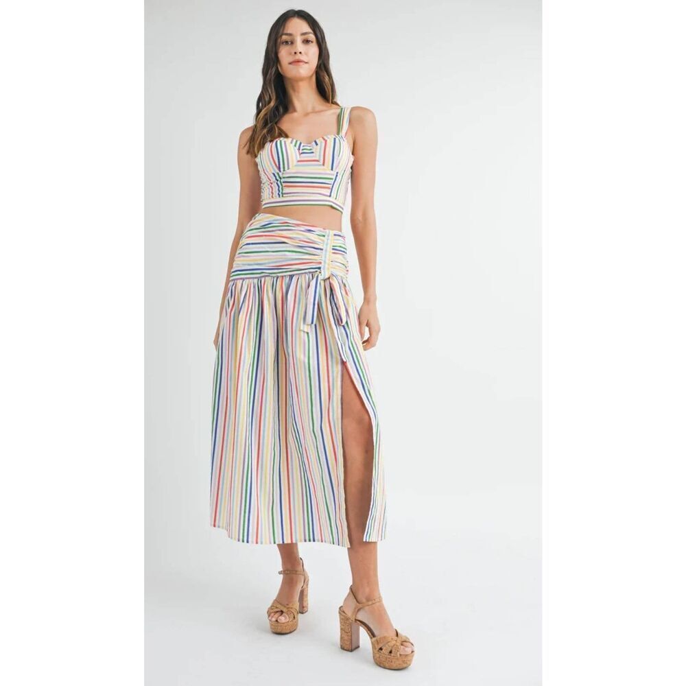 Anthropologie Mable Midi Skirt Set Large Striped Cropped Top Resort Wear